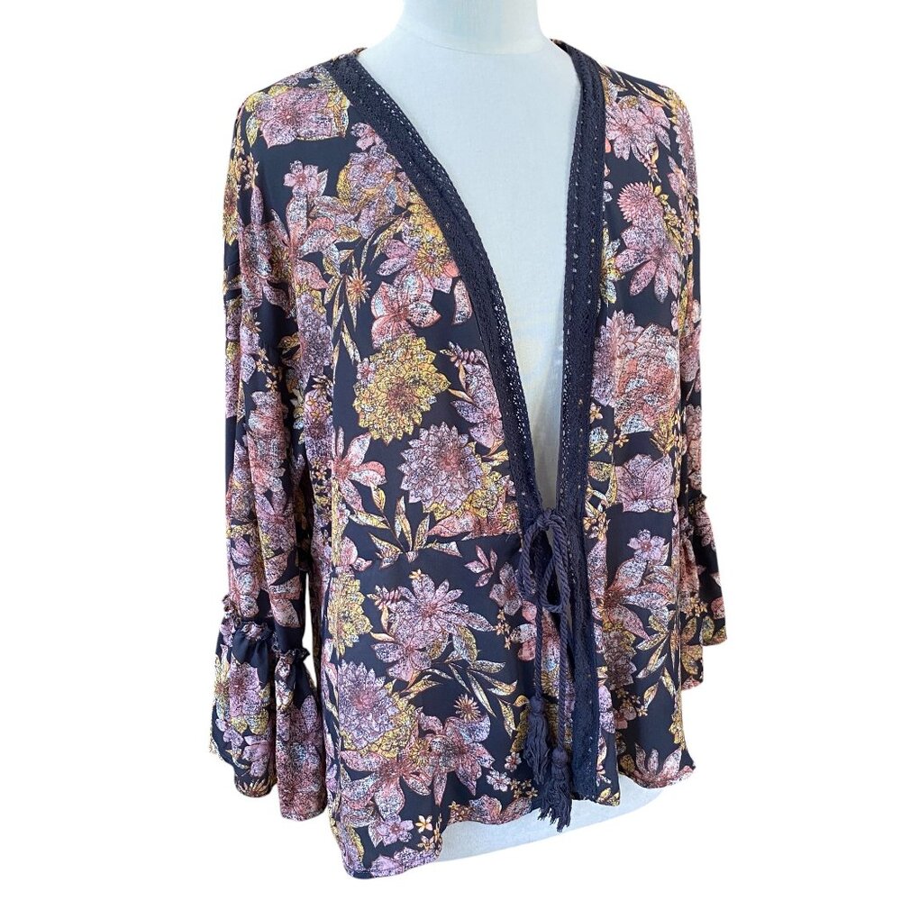 Maurices Crochet Trim Bell Sleeve Floral Kimono Blue Tie Waist Fairy Grunge-L